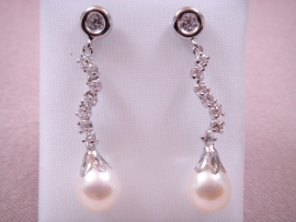 PENDIENTES ORO BLANCO 18KT LARGOS CON CIRCONITAS Y PERLA D35MM LARGO PESO G3,1