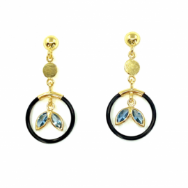 PENDIENTES ORO 18 KT CERCO NEGRO HOJAS AZULES D27X12,55 G1,2