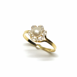 ANILLO ORO 18KT FLOR PERLA CUAJO CIRCONITAS D7,5MM PESO 1,40G