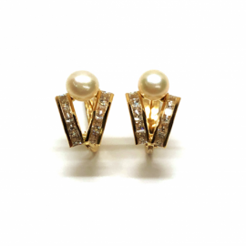 PENDIENTES ORO 18KT DOBLE BANDA PERLA D16X13MM PESO G1,55