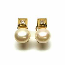 PENDIENTES ORO 18K TU Y YO CUBO 6,25MM PERLA 11MM PESO G4,45