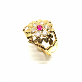 ANILLO ORO 18KT FLOR CON CIRCONITAS Y PIEDRA DE COLOR D17MM PESO G2,2