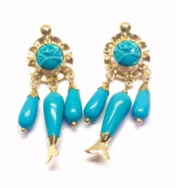 PENDIENTES ORO 18KT FLOR TRES CHUPONES PEZ AZUL TURQUESA PEQUEÑOS PALILLO CATALÁN D30X12MM PESO G2,9