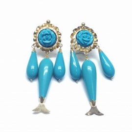 PENDIENTES ORO 18KT FLOR TRES CHUPONES PEZ AZUL TURQUESA GRANDES PALILLO CATALÁN D65X20MM PESO G13,4