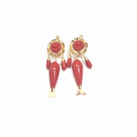 PENDIENTES ORO 18KT FLOR TRES CHUPONES PEZ ROJO CORAL MEDIANOS PALILLO CATALÁN D45X14,50MM PESO G4,60