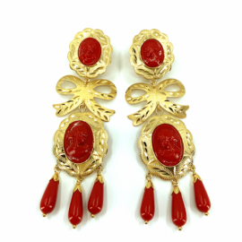 PENDIENTE ORO 18KT DOBLE CAMAFEO LAZO PERILLAS ROJO CORAL D68,50X21,50MM PESO G8,60