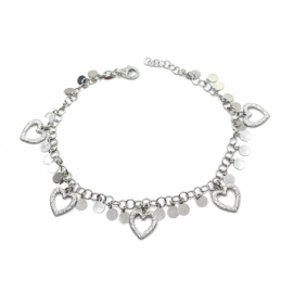 PULSERA PLATA 925 RODIADA COLGANTES CORAZONES MARTELADOS PESO G4,90