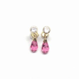 PENDIENTES ORO 18KT CIRCONITA-LAGRIMA PIEDRA ROSA ROSCA PESO G1,6 LARGO 20MM