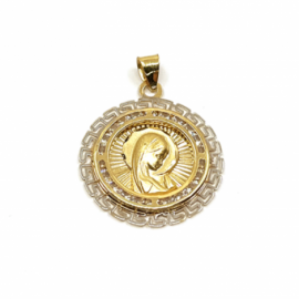 MEDALLA ORO 18KT VIRGEN NIÑA BICOLOR GRECA CIRCONITAS D24MM PESO G2,25