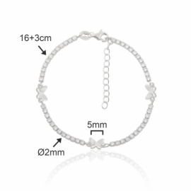 PULSERA PLATA 925 RODIADA CIRCONITAS Y MARIPOSAS 5MM 16CM+3CM