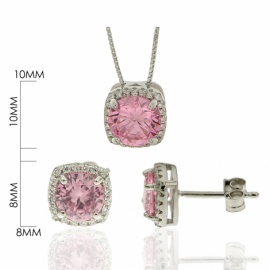 JUEGO PLATA 925 RODIADA CUADRADO CIRCONITAS ROSA D10MM D8MM