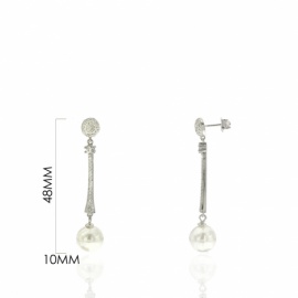 PENDIENTE PLATA 925 RODIADA PERLA 10MM ROSETA CIRCONITA 47MM