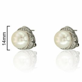 PENDIENTE PLATA 925 RODIADA OMEGA PERLA Y CIRCONITAS 14MM