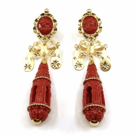 PENDIENTES ORO 18KT CORALES TALLADOS-LAGRIMAS D60X16MM PESO G7,30