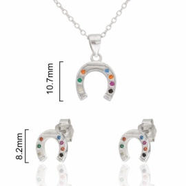 JUEGO HERRADURA PLATA 925 RODIADA 7 CIRCONITAS COLORES