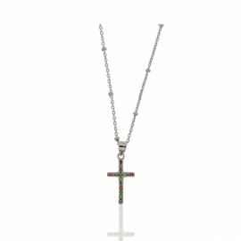 GARGANTILLA PLATA 925 RODIADA DE BOLITAS Y CRUZ PEQUEÑA CON CIRCONITAS DE COLORES
