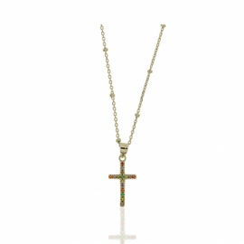 GARGANTILLA PLATA 925 DORADA DE BOLITAS Y CRUZ PEQUEÑA CON CIRCONITAS DE COLORES