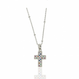 GARGANTILLA PLATA 925 RODIADA DE BOLITAS Y CRUZ PEQUEÑA CON CIRCONITAS DE COLORES