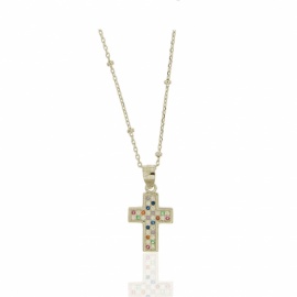 GARGANTILLA PLATA 925 DORADA DE BOLITAS Y CRUZ PEQUEÑA CON CIRCONITAS DE COLORES