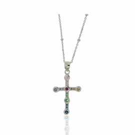 GARGANTILLA PLATA 925 RODIADA DE BOLITAS Y CRUZ PEQUEÑA CON CIRCONITAS DE COLORES