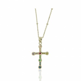 GARGANTILLA PLATA 925 DORADA DE BOLITAS Y CRUZ PEQUEÑA CON CIRCONITAS DE COLORES