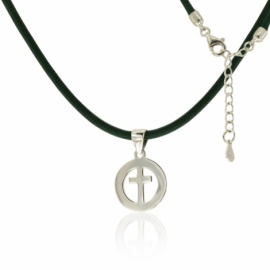 COLGANTE CON CORDÓN COMUNIÓN VERDE CRUZ PLATA 925 RODIADA DENTRO DE CÍRCULO LISO Ø13mm