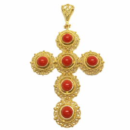 CRUZ ORO 18KT FILIGRANA CON CORAL D61X43MM PESO G11,20